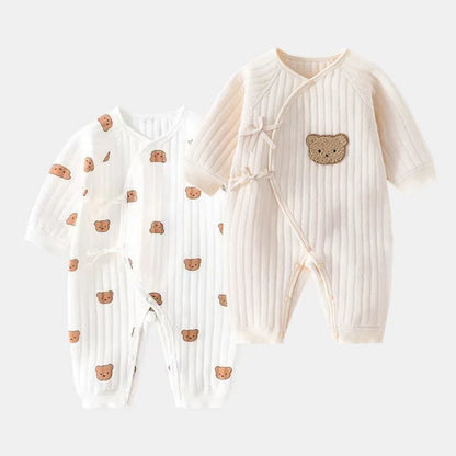 Baby-Overall mit Bärenmotiv und Mütze, Kleinkinder-Spielanzug aus Baumwolle für Jungen und Mädchen, langärmeliger Baby-Onesies, weicher, atmungsaktiver einteiliger Schlafanzug