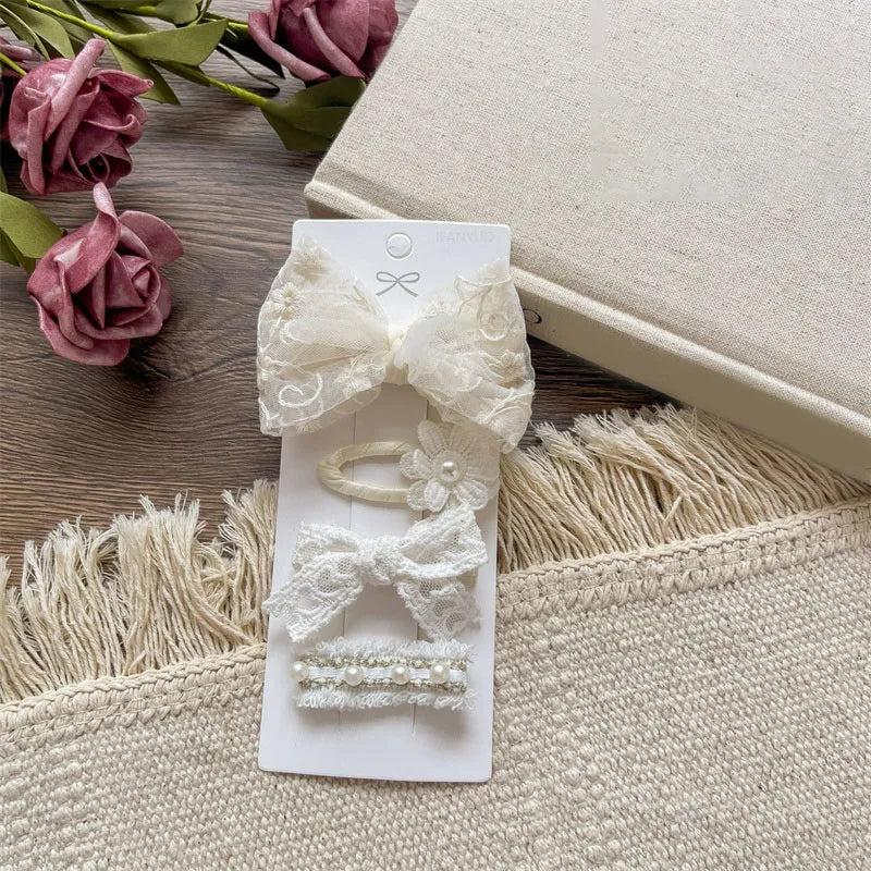 French Vintage Lace Pearl Bow Girl Baby Hair Clip Gentle Style Beige Flower Princess Kids Hair Accessories Hairpin Toddler Gifts