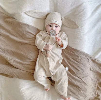 Baby-Jumpsuit für Herbst, einreihig, lang, für Jungen und Mädchen, farbig, aus Baumwolle, Strampler + Mütze mit Hasenohren, gepunkteter gerippter Strampler mit Streifen