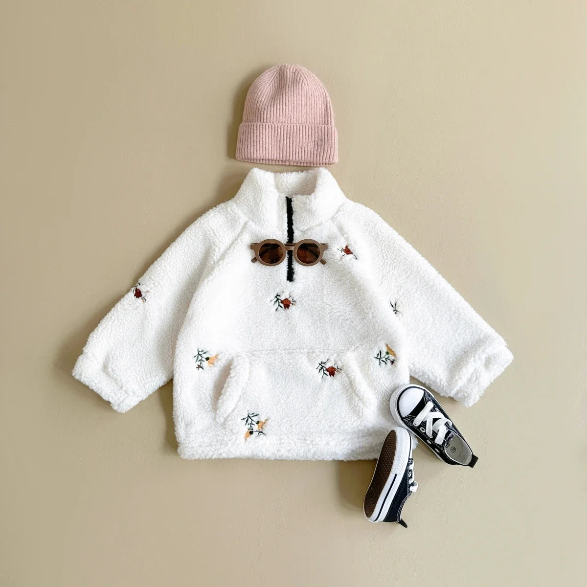 Winterkleidung für Neugeborene, Mädchen und Jungen, Wolljacke, bestickte Blumen, mit Reißverschluss, dicker Stil, warmer Mantel für 1–3 Jahre altes Baby