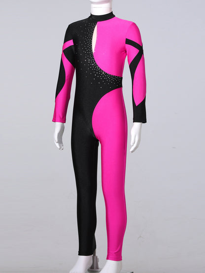 Kids Girls Long Sleeve Shiny Rhinestone Color Block Leotards Dance Gymnastic Jumpsuit for Yoga Unitards Biketards Sports Workout