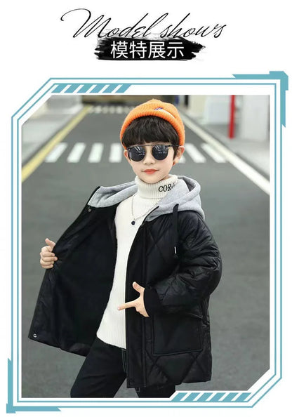 Winter Boys Outerwear Thicken Warm Coats Kids Plus Velvet Jackets Hooded Trends Overcoat 2023 Teens Casual Windproof Parkas