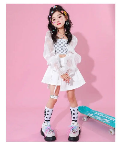 Kpop Mädchen Kleidung Jazz Dance Kostüm Weiß Leistung Anzug Hip Hop Modern Dance Outfit Kinder Bühne Tragen Mode Kleidung