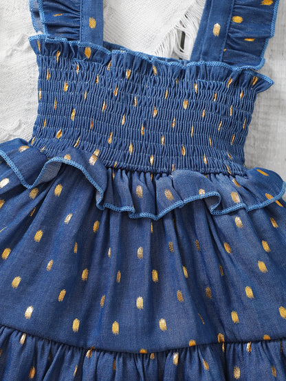 3–24 Monate Säugling Baby Mädchen Golden Dot Slip blaues Kleid Kleinkind Mädchen Sommer Mode Party Prinzessin Kleider mit Stirnband 2-tlg. Set