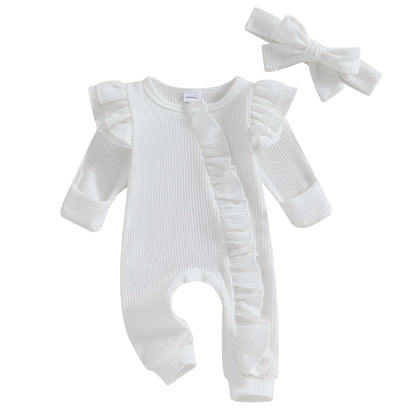 Neugeborenen Mädchen Einfarbig Waffeln Overalls Baby Langarm Rüschen Zipper Strampler mit Stirnband Sets Spitze Baby Kleidung