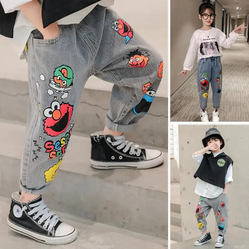 Boys' Jeans Spring and Autumn New Funny Head Medium and Big Children's Casual Children's Clothing Spring Loose Long Pants