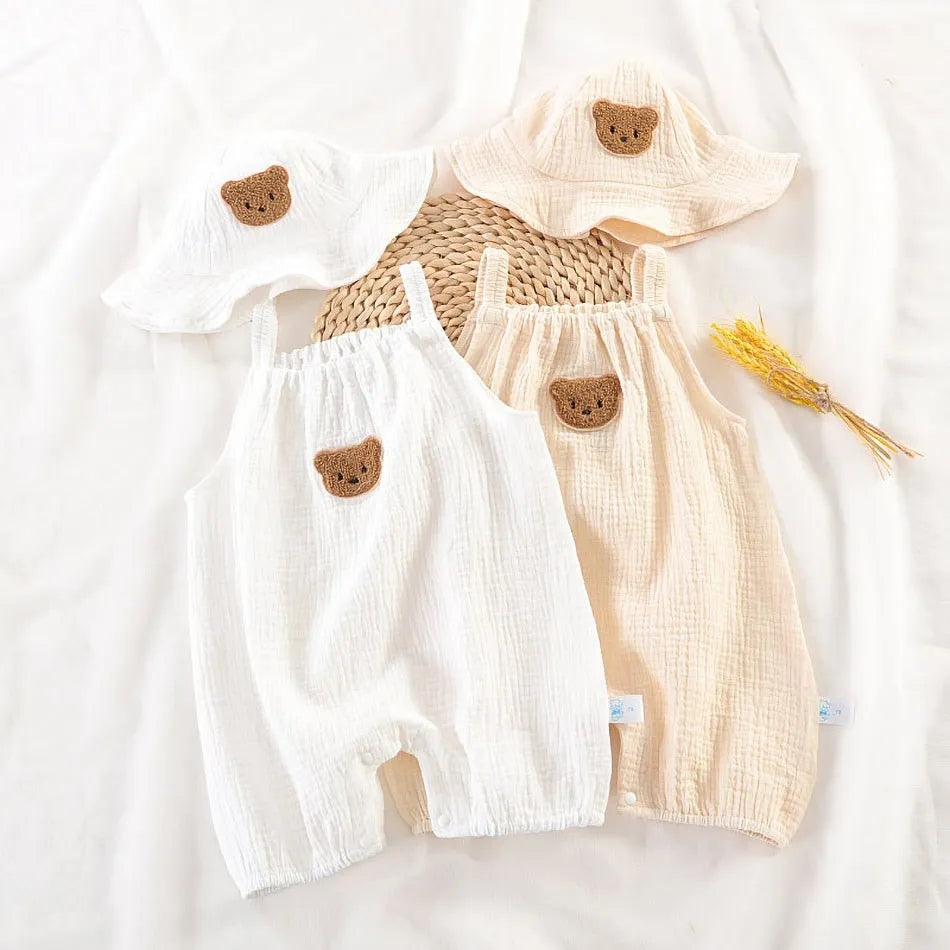 Baby-Overall für Neugeborene, Sommer, lässiger Einteiler für Jungen und Mädchen, Bären-Schlafanzug, Säuglingsgeburtstag, Musselin, Einteiler, weiß, beige, Strampler mit Mütze