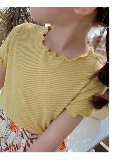 Baby Girls Short Sleeved T-Shirt 2024 Summer Kids Top Tees Baby Solid Color Shirts 1 To 8 Yrs Children's Clothing Korean Style