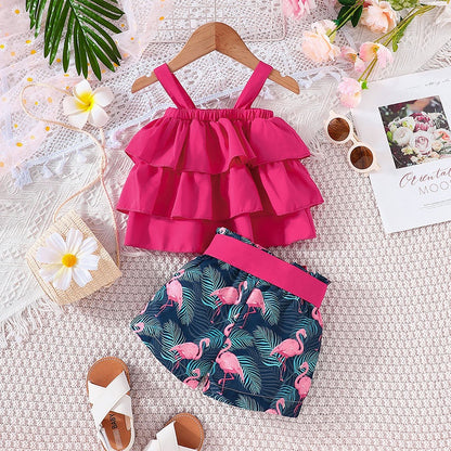 Baby-Kleidungsset für 6 Monate – 3 Jahre, ärmelloses bauchfreies Top und Shorts mit Flamingo-Cartoon, Outfit, Kleidungsanzug für neugeborene Mädchen