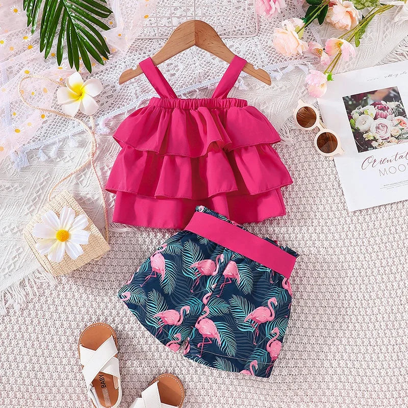 Baby Clothes Set 6Months - 3Years old Sleeveless Croptop and Cartoon Flamingo Shorts Outfit Clothing Suit For Kids Newborn Girl