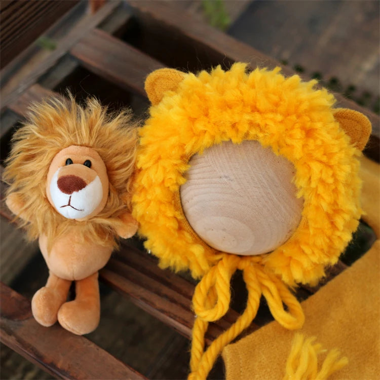 Newborn Photography Animal Costume Lion Doll Plush Hat Romper Tail 4pcs Outfits Boys Girls Infant Photo Shoot Prop Clothing