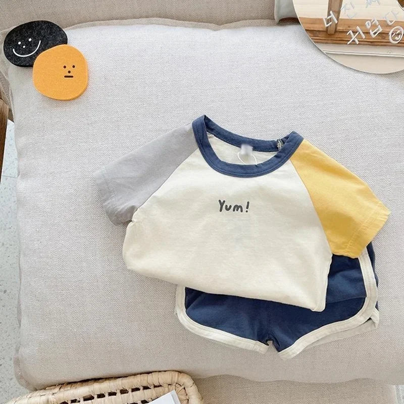 Cartoon Sport Short Sleeve Outfits Kids Fashion Trendy Two Pieces Sets Color Matching T-shirts+Shorts Boys Baby Summer Clothing