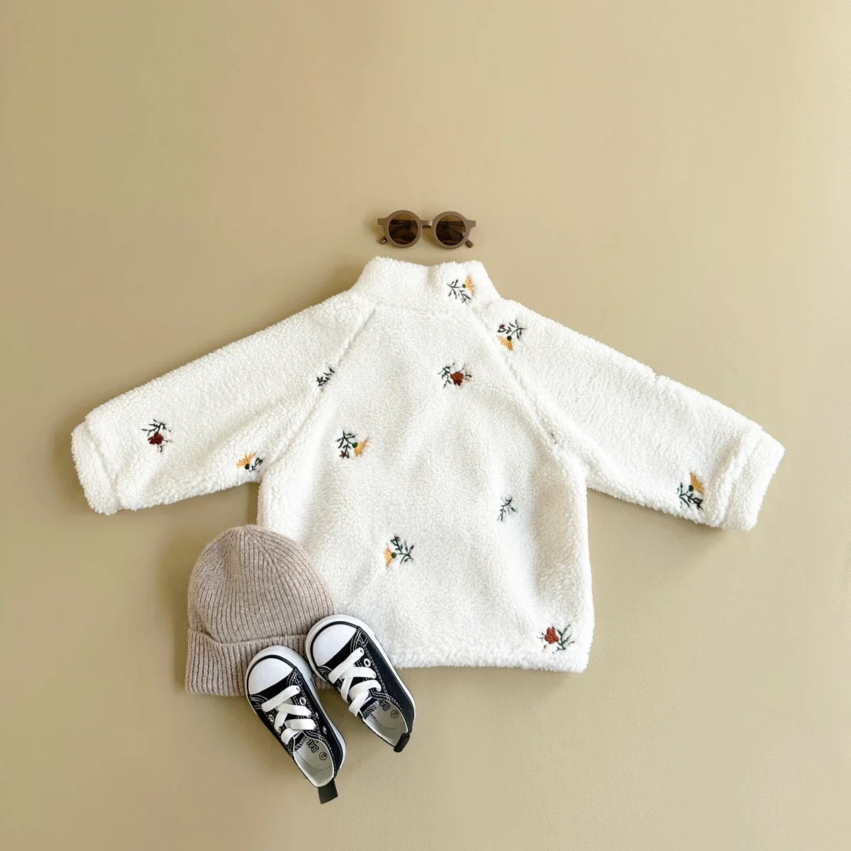 Winterkleidung für Neugeborene, Mädchen und Jungen, Wolljacke, bestickte Blumen, mit Reißverschluss, dicker Stil, warmer Mantel für 1–3 Jahre altes Baby