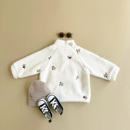 Winterkleidung für Neugeborene, Mädchen und Jungen, Wolljacke, bestickte Blumen, mit Reißverschluss, dicker Stil, warmer Mantel für 1–3 Jahre altes Baby