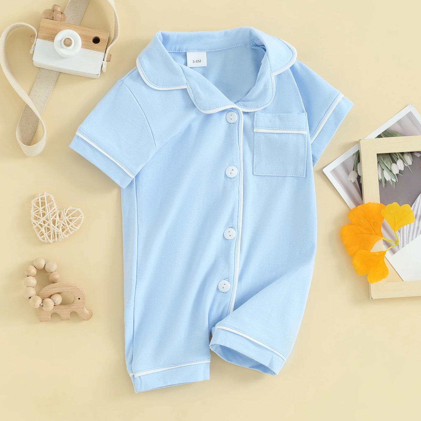 Babykleidung für Jungen und Mädchen, Nachtwäsche mit kurzen Ärmeln, Reverskragen, Knöpfen unten, Strampler, Pyjama-Outfit