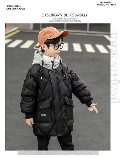 Winter Boys Outerwear Thicken Warm Coats Kids Plus Velvet Jackets Hooded Trends Overcoat 2023 Teens Casual Windproof Parkas