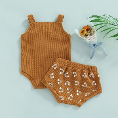 0-18M Baby Sommer Kleidung Set Neugeborenen Infant Shell Print Hosenträger Stricken Bodys Shorts Kleinkind Outfits Jungen Mädchen strickwaren