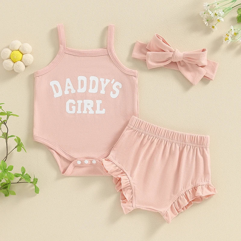 Newborn Set Baby Clothing Girl Summer Outfits Letter Print Spaghetti Strap Sleeveless Rompers Solid Shorts Headband 3pcs