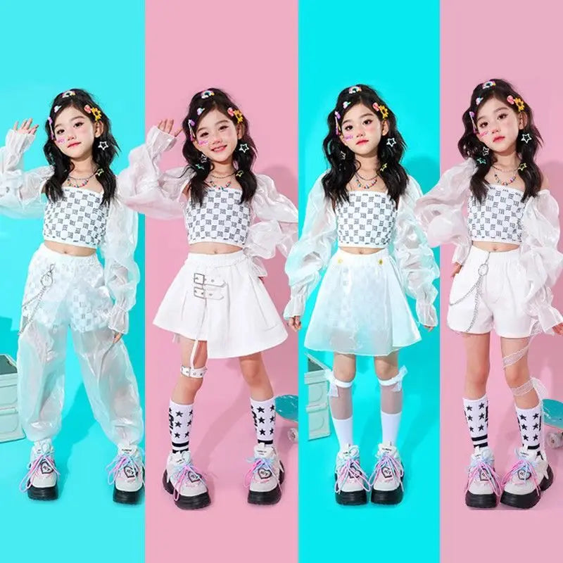 Kpop Mädchen Kleidung Jazz Dance Kostüm Weiß Leistung Anzug Hip Hop Modern Dance Outfit Kinder Bühne Tragen Mode Kleidung