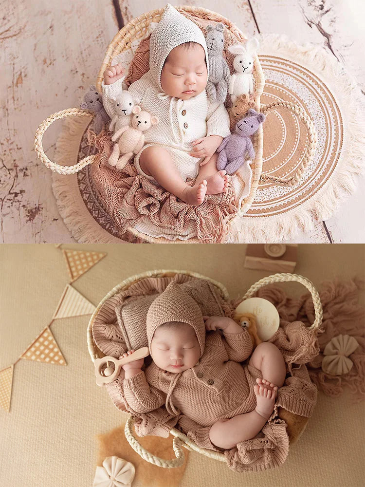 Straw Basket for Baby Photoshoot Newborn Baby Photography Props Woven Basket Studios Infant Photoshoot Posing Props With Handles