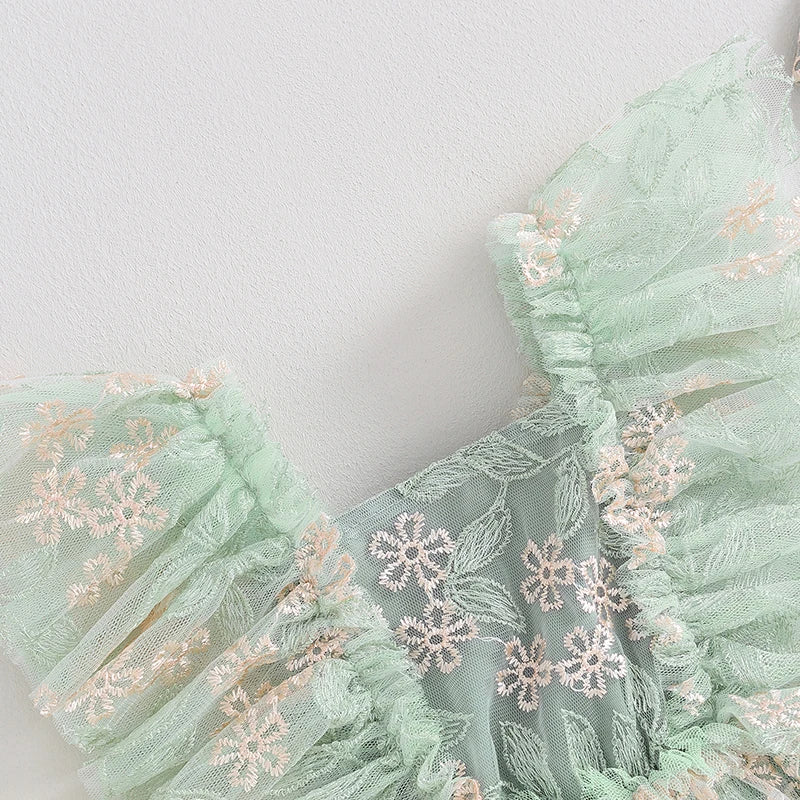 Infant Newborn Baby Girls Summer Princess Romper Dresses Green Flying Sleeve Floral Embroidery Tulle Dresses with Headband