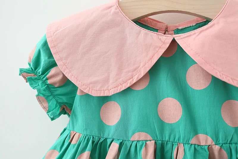 Sommer baby mädchen kleid baby mädchen farbe passenden großen revers voller polka dot blase ärmeln prinzessin kleid