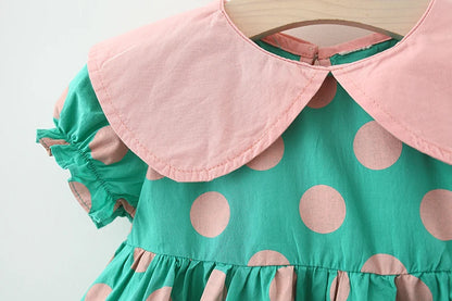 Summer baby girl dress baby girl color matching large lapel full of polka dot bubble sleeves princess dress