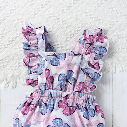 Baby Girls Cute Butterfly Print Ruffled Sleeves Square Collar Onesie Comfortable Breathable Baby Summer Clothes