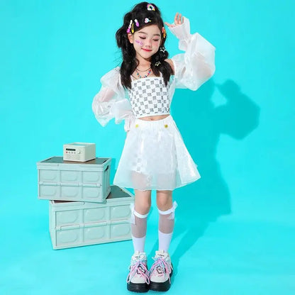 Kpop Mädchen Kleidung Jazz Dance Kostüm Weiß Leistung Anzug Hip Hop Modern Dance Outfit Kinder Bühne Tragen Mode Kleidung