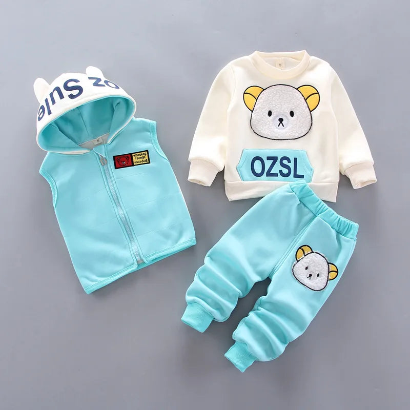 2024 jungen Set Mädchen Baumwolle Dicke Warme Casual Mit Kapuze Pullover Anzug Herbst Winter Kinder Cartoon Niedliche Bär Drei-Stück 0-5Y