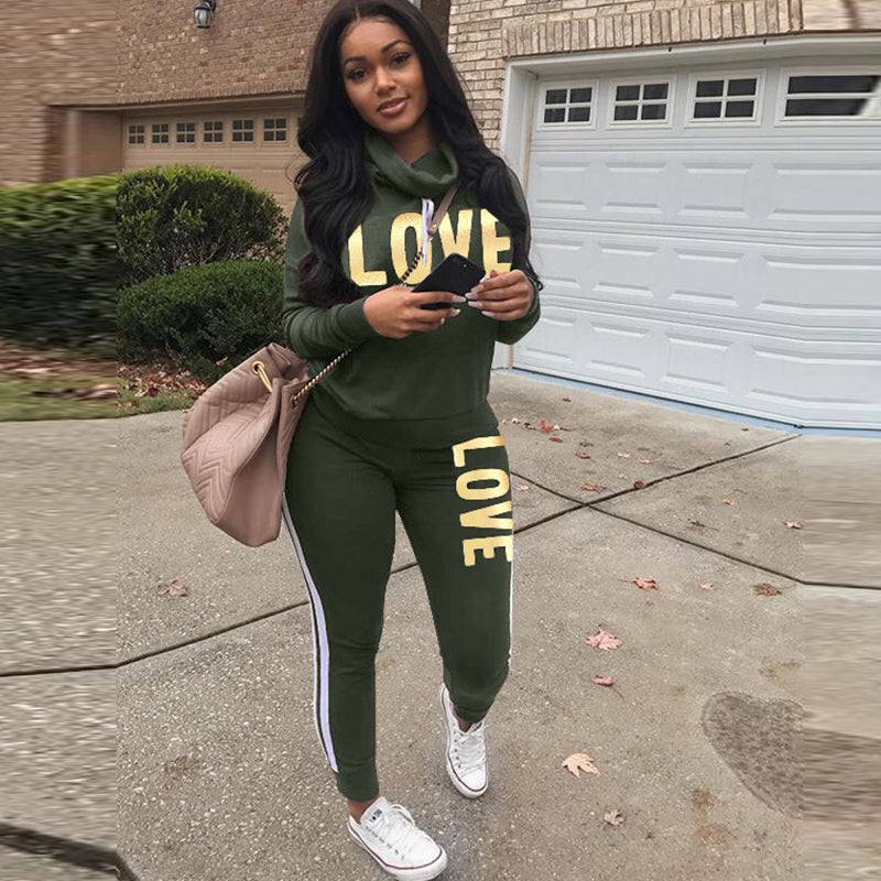 2 Piece Women’s LOVE Letter Print Tracksuit - High Neck Hoodie and Sweatpants Set