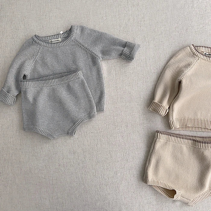 Korean Style Newborn Baby Boys Girls Clothing Set Long Sleeve Solid Color Knitted Pullover+Shorts Autumn Spring Clothes Suit