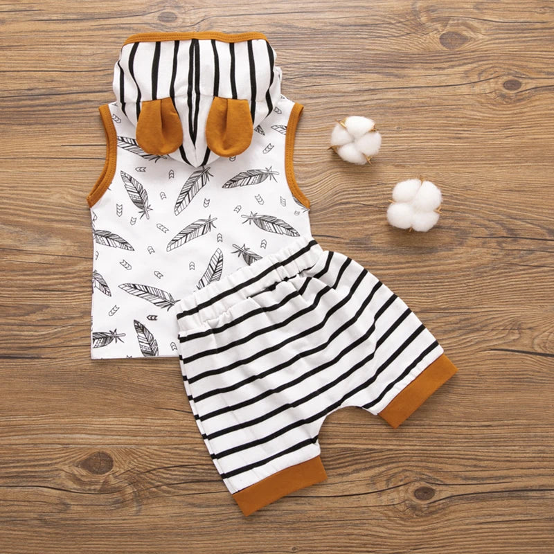 hibobi 2-Piece Baby Boby Feather Hooded Sleeveless T-Shirt & Striped Shorts Casual Sleeveless Baby Boy Suit For 0-12 Months