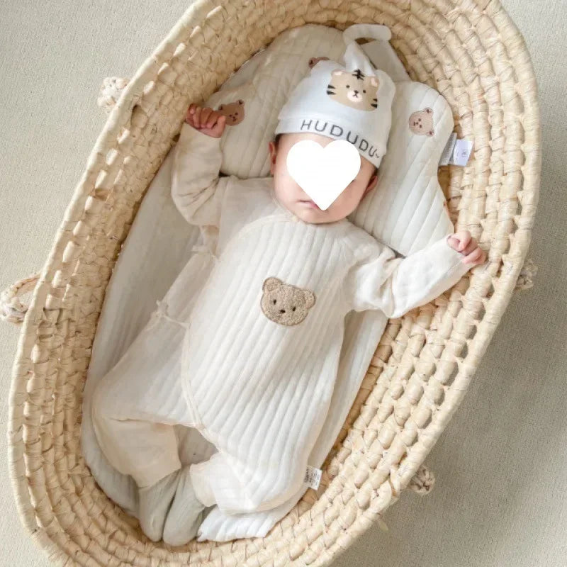 Baby-Overall mit Bärenmotiv und Mütze, Kleinkinder-Spielanzug aus Baumwolle für Jungen und Mädchen, langärmeliger Baby-Onesies, weicher, atmungsaktiver einteiliger Schlafanzug