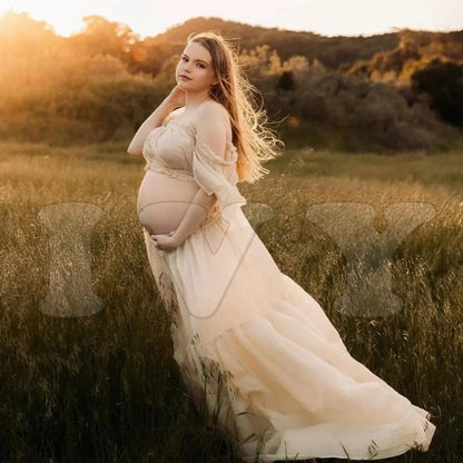 Damen Langes Kleid Umstandskleider Für Fotoshooting Schwangerschaftskleidung Chiffon Schulterfrei Rüschen Halbtransparent Fotografie