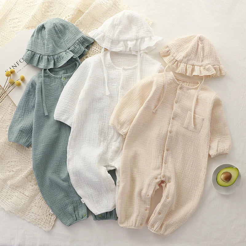 Musselin Baby-Overall Mütze Langarm Baumwolle Kleinkind Strampler für Jungen Mädchen Einfarbig Frühling Herbst Baby Kleidung Neugeborenen Onesie