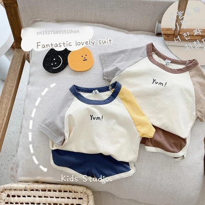 Cartoon Sport Short Sleeve Outfits Kids Fashion Trendy Two Pieces Sets Color Matching T-shirts+Shorts Boys Baby Summer Clothing