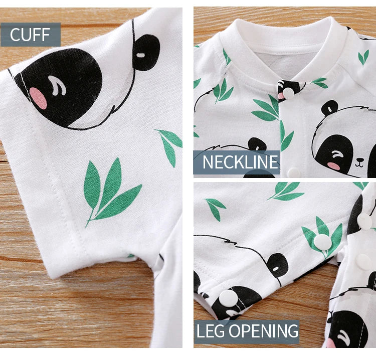 Neugeborenen-Kleidung, niedlicher Cartoon-Panda-Druck, Baumwolle, bequem und weich, Sommer, Jungen und Mädchen 0–18, kurzärmeliger Baby-Overall