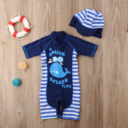 1-6years Baby Boys Long Sleeve Jumpsuit Swimsuit Cartoon Whale Printed Zip-Up Boys Romper Bathing Suit With Sun Hat