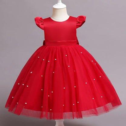 Süßes Baby Mädchen Kleid für Party Prinzessin Perlen Mesh Kleider für Kinder Geburtstag Ball Kostüme für Blumenmädchen 1-5Y Säuglingskleidung