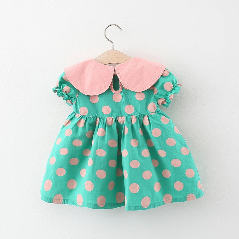 Summer baby girl dress baby girl color matching large lapel full of polka dot bubble sleeves princess dress