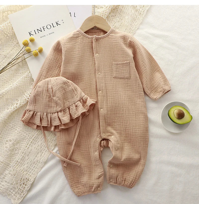 Muslin Baby Jumpsuit Hat Long Sleeve Cotton Toddler Romper for Boys Girls Solid Color Spring Autumn Baby Clothes Newborn Onesie