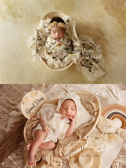 Straw Basket for Baby Photoshoot Newborn Baby Photography Props Woven Basket Studios Infant Photoshoot Posing Props With Handles