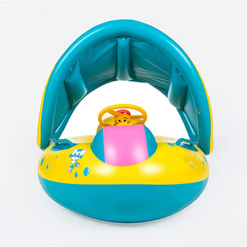 Inflatable Sunshade Seat Ring with Steering Wheel - Baby Swimming Pool Floating Seat