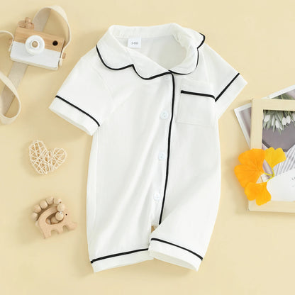 Babykleidung für Jungen und Mädchen, Nachtwäsche mit kurzen Ärmeln, Reverskragen, Knöpfen unten, Strampler, Pyjama-Outfit