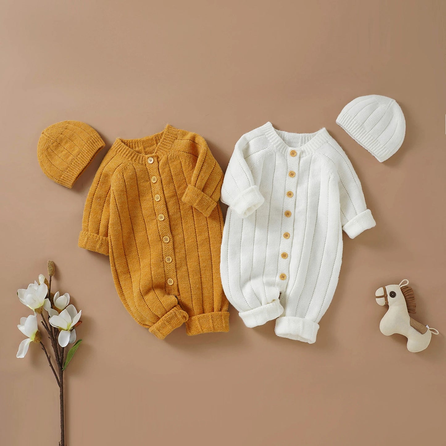 Citgeett Autumn Infant Baby Girls Boys Winter Jumpsuit and Cap Solid Color Long Sleeve Single-breasted Knitted Romper 0-18Months