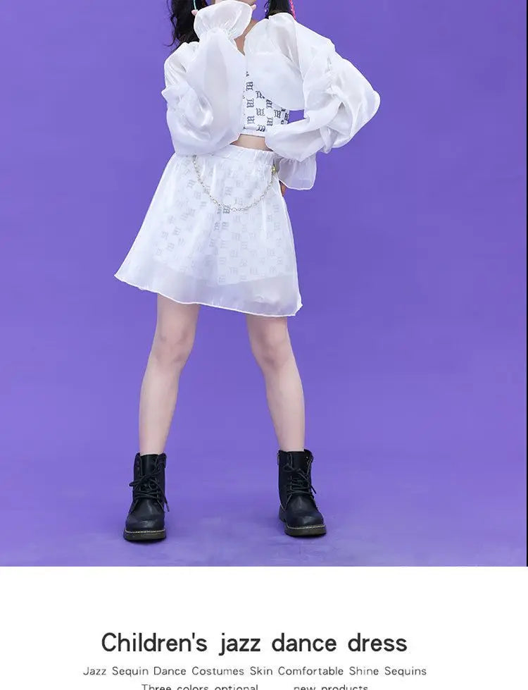 Kpop Girls Clothes Jazz Dance Costume White Performance Suit Hip Hop Modern Dance Outfit Kids Stage Wear Fashion Clothing