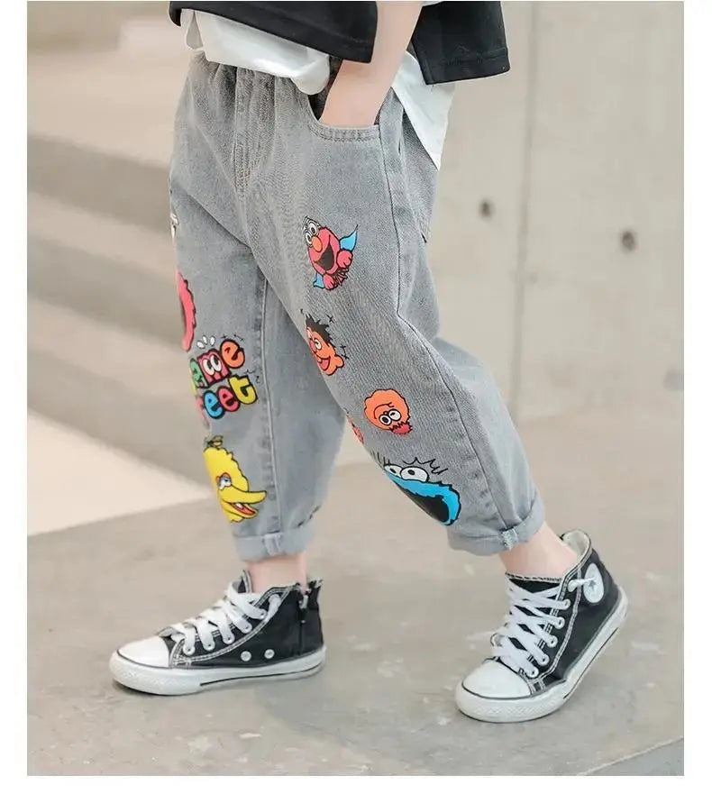 Boys' Jeans Spring and Autumn New Funny Head Medium and Big Children's Casual Children's Clothing Spring Loose Long Pants