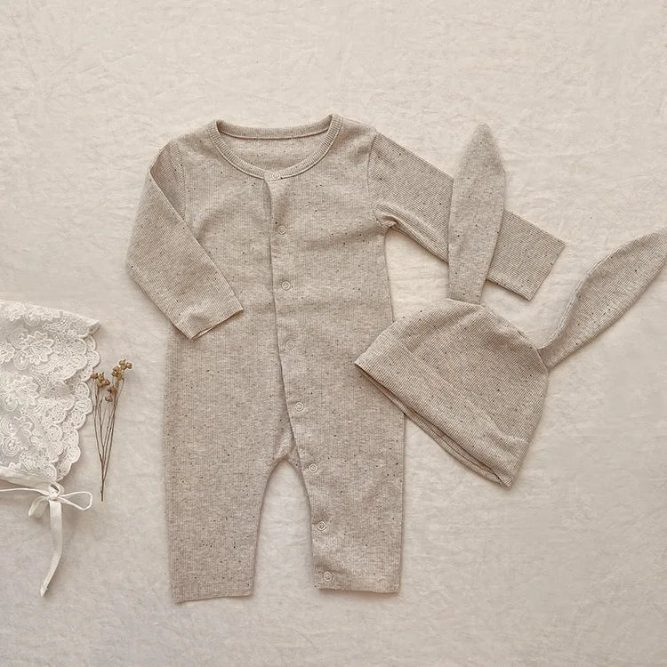 Baby-Jumpsuit für Herbst, einreihig, lang, für Jungen und Mädchen, farbig, aus Baumwolle, Strampler + Mütze mit Hasenohren, gepunkteter gerippter Strampler mit Streifen