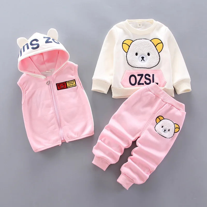 2024 jungen Set Mädchen Baumwolle Dicke Warme Casual Mit Kapuze Pullover Anzug Herbst Winter Kinder Cartoon Niedliche Bär Drei-Stück 0-5Y